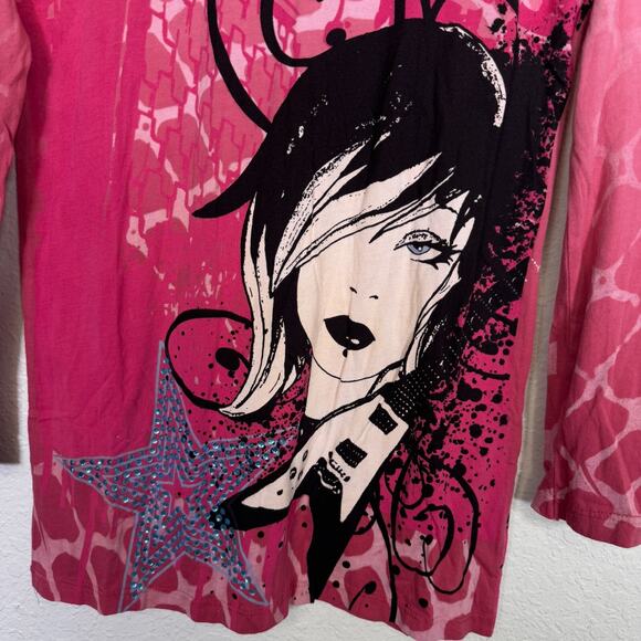 Christian Audigier Crystal Rock Y2K Shirt Women Large Rocker Girl Tee Tunic Top - Picture 7 of 13